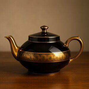 Antique‎ GIBSON & SONS Late Sevres Davenport Black & Gold Teapot England Vintage